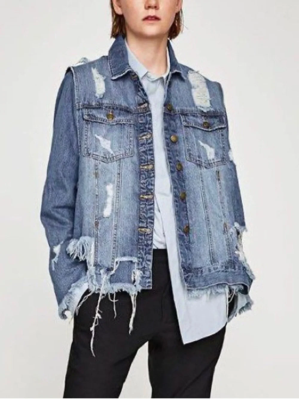 Zara distressed ripped double layer 90’s grunge loose fitting denim jacket